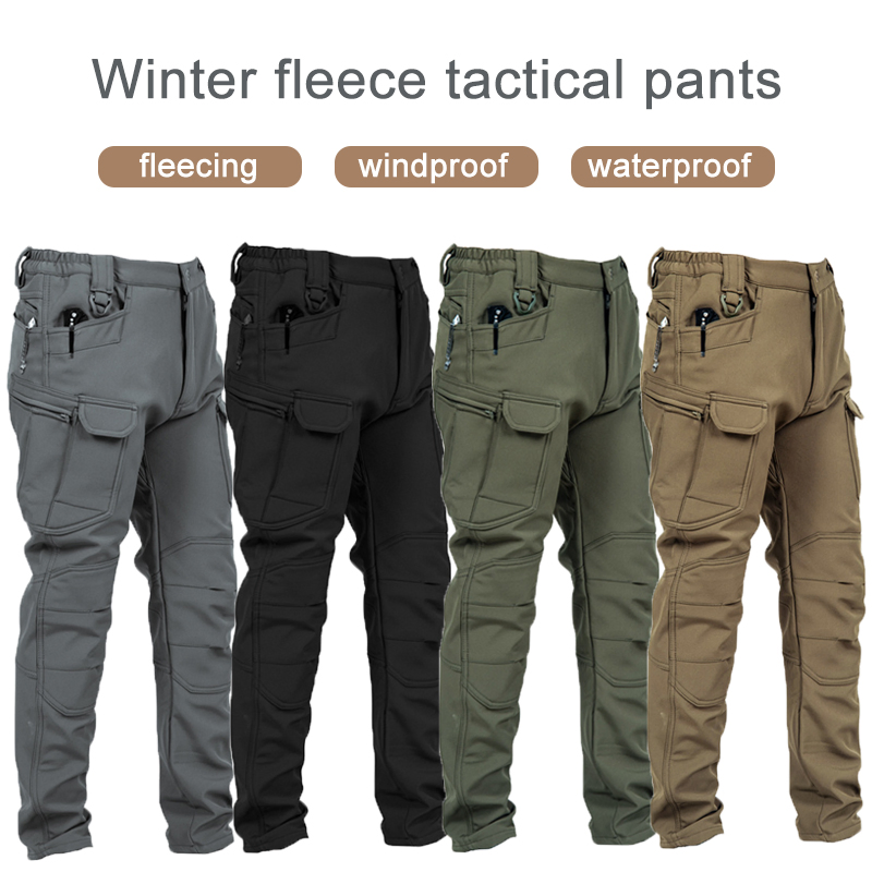 Men's Waterproof Softshell Tactical Sweatpants Casual Winter Cargo Hiking Pants MID Multi-Pockets Thickened Fleece Work Trousers