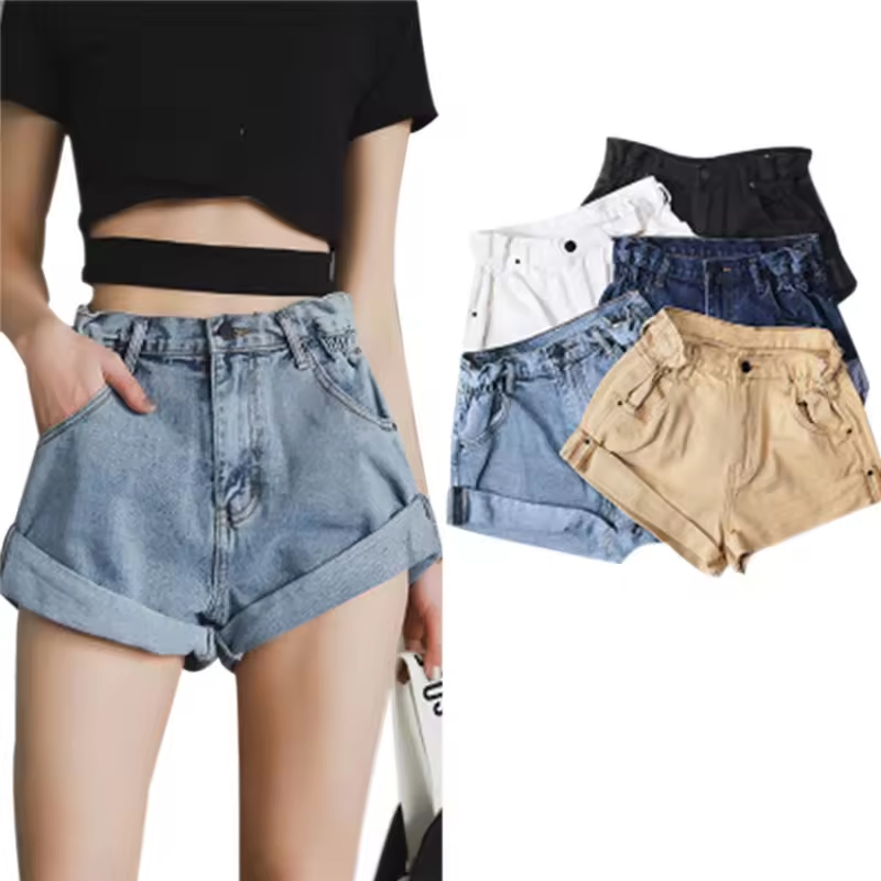 Fashion Lady Denim Shorts Women Short Jeans Wide Leg Elastic Waist High Waist Shorts