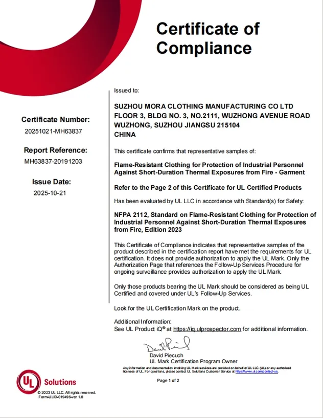 NFPA 2112 Garment Certification