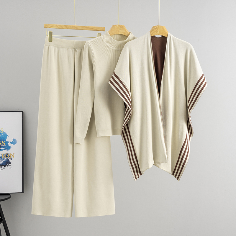 2026 New Women's Three-Piece Knitted Sweater Set Elegant Striped Outerwear Shawl for Casual Style for Autumn Winter