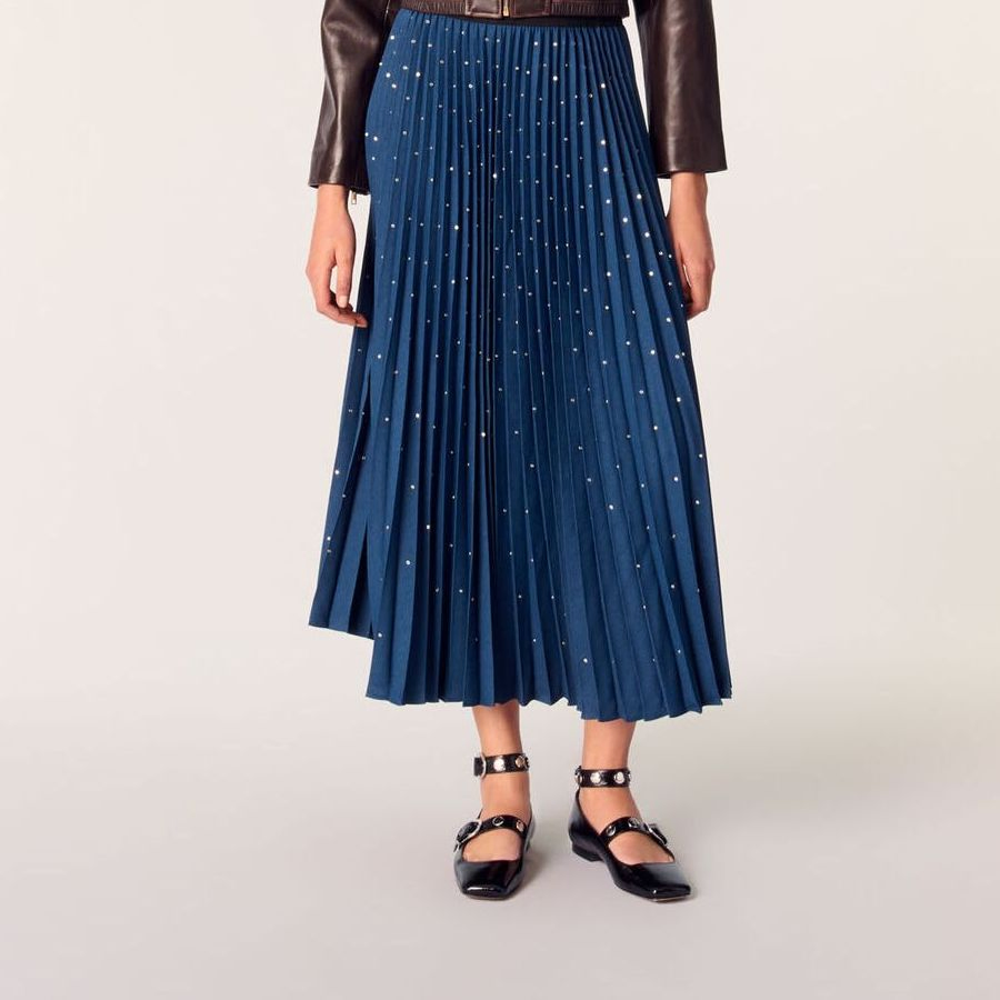 Dark Blue Dotted Pleated Summer Fashion High-Waist A-Line Wholesale Women Skirt