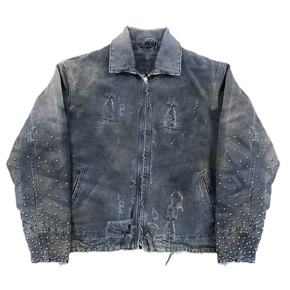 Custom Streetwear Custom Designer Vintage Jean Coats Winter Distressed Embroidered Patch Oversize Work Denim Jean Zip Jacket