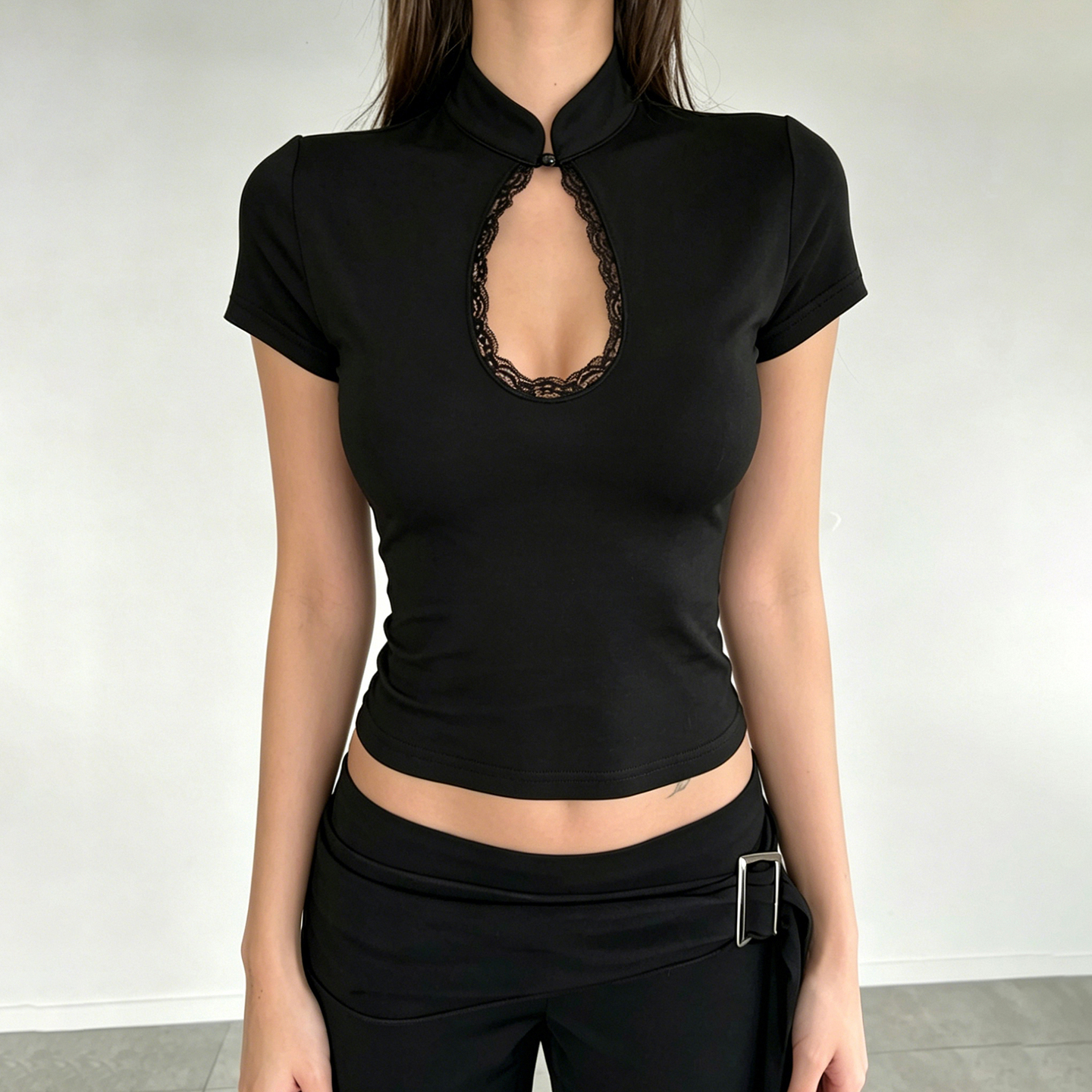 Women's Black Lace Trim Mock Neck Top Short Sleeve Keyhole Cutout Blouse Slim Fit Elegant Casual Tee