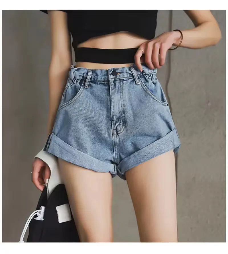Fashion Lady Denim Shorts Women Short Jeans Wide Leg Elastic Waist High Waist Shorts