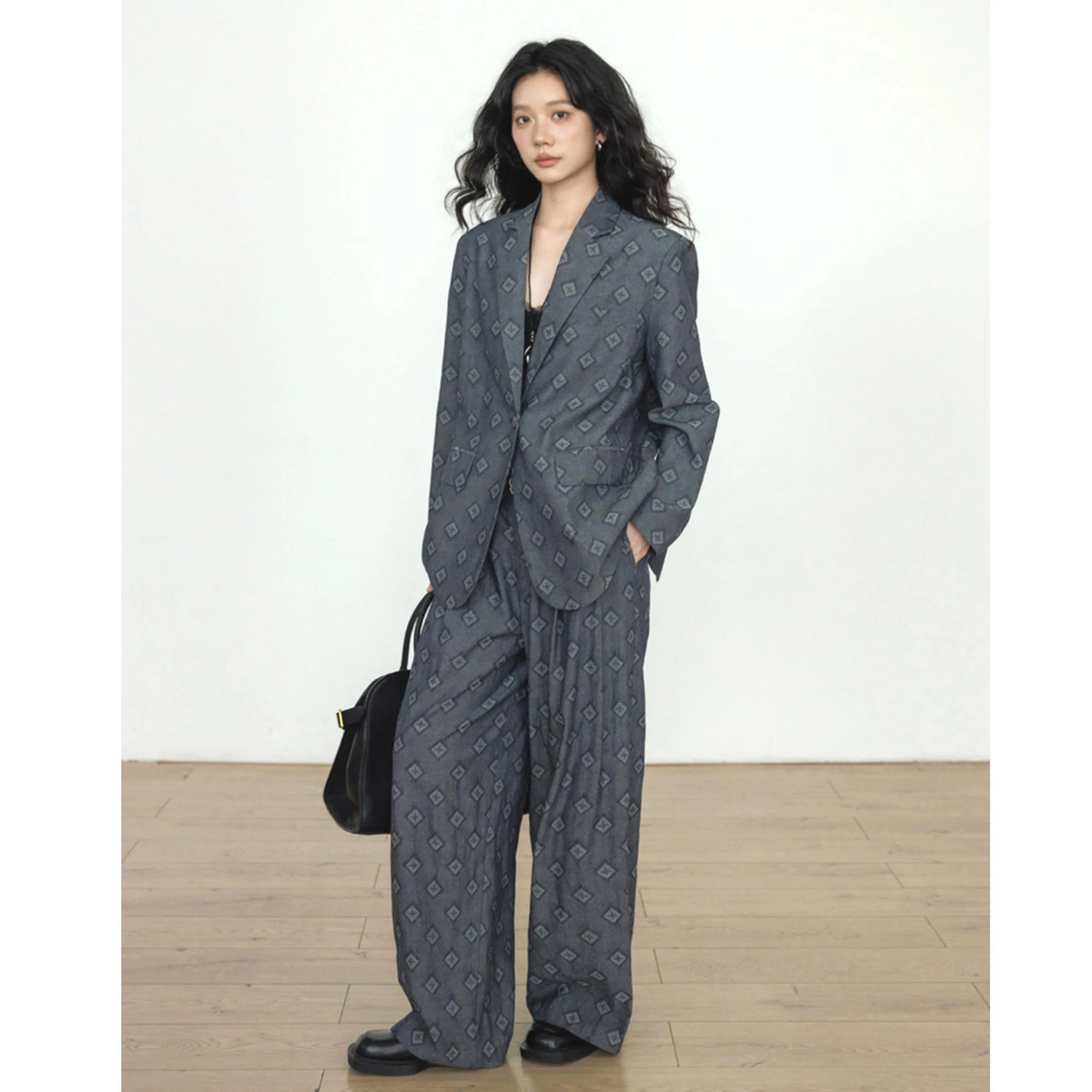 Brand Logo 2 Piece Women Suits Set Blazer Jacket Paired with Loose Long Pants Wholesale Lapel Collar Oversize Customized Print Blazer for Women Casual Wear