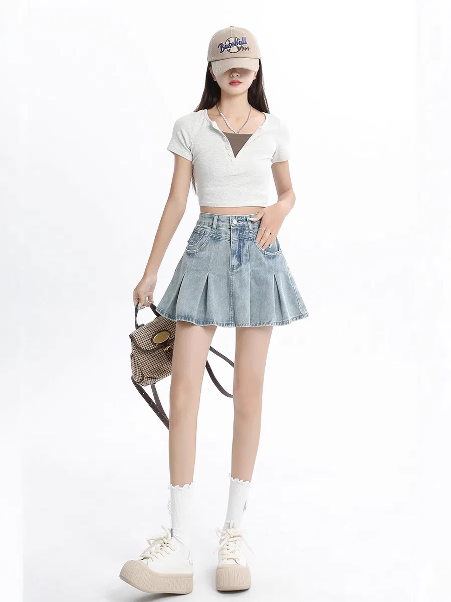 Low MOQ Women High-Waist Pleated Denim Skort Vintage Washed A-Line Mini Skirt with Built-in Shorts
