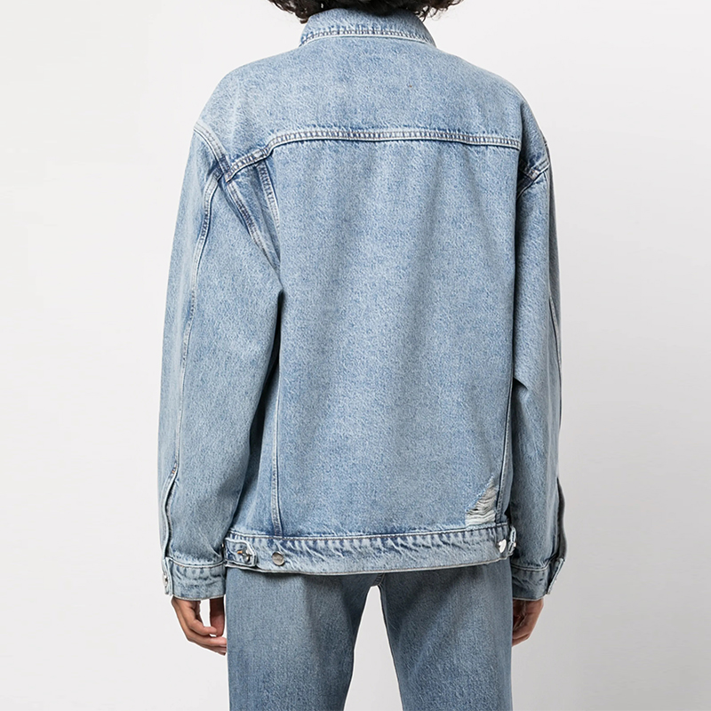 Customized Light Blue Oversize Heavy Wash Destroyed Women's Denim Trucker Jacket