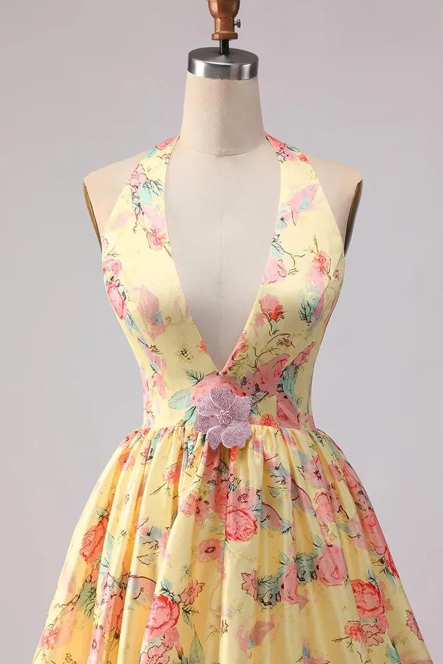 Cicinia Yellow Prom Dresses Long Printed Fabric A-Line Deep V-Neck Halter Backless Evening Dress Prom Dress Sexy Dress Vestido De Noche Girl Dress