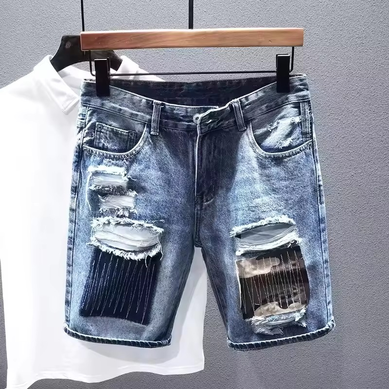 Colorful Denim Shorts with Distressed Style and Button Pockets