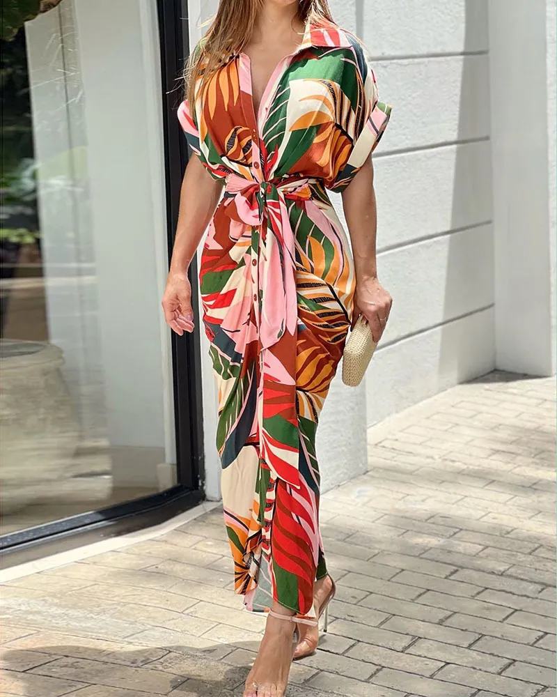 Casual Printed Short Sleeve Women Clothes Evening Dress Lady Apparel Cardigan Fashion Dress