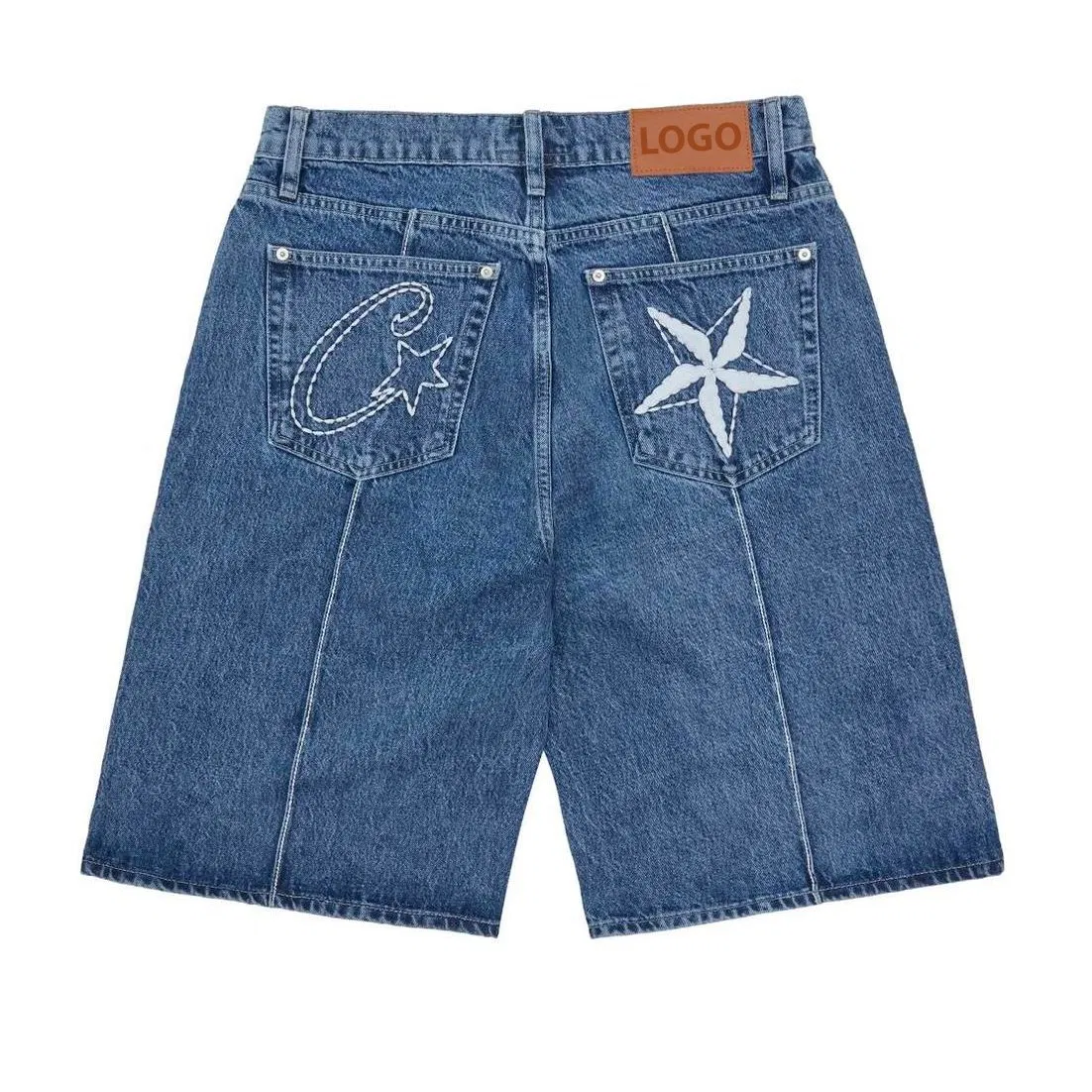 Blue Fade Star Denim Shorts Stitch Down Customized Embroidery Streetwear Wide Leg Baggy Denim Jorts Clothes