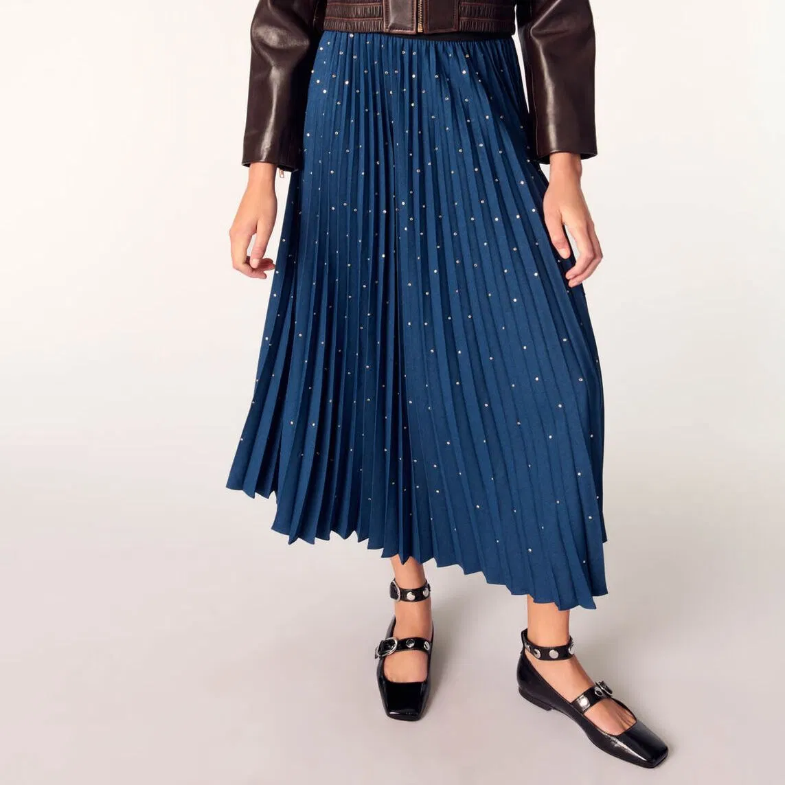 Dark Blue Dotted Pleated Summer Fashion High-Waist A-Line Wholesale Women Skirt