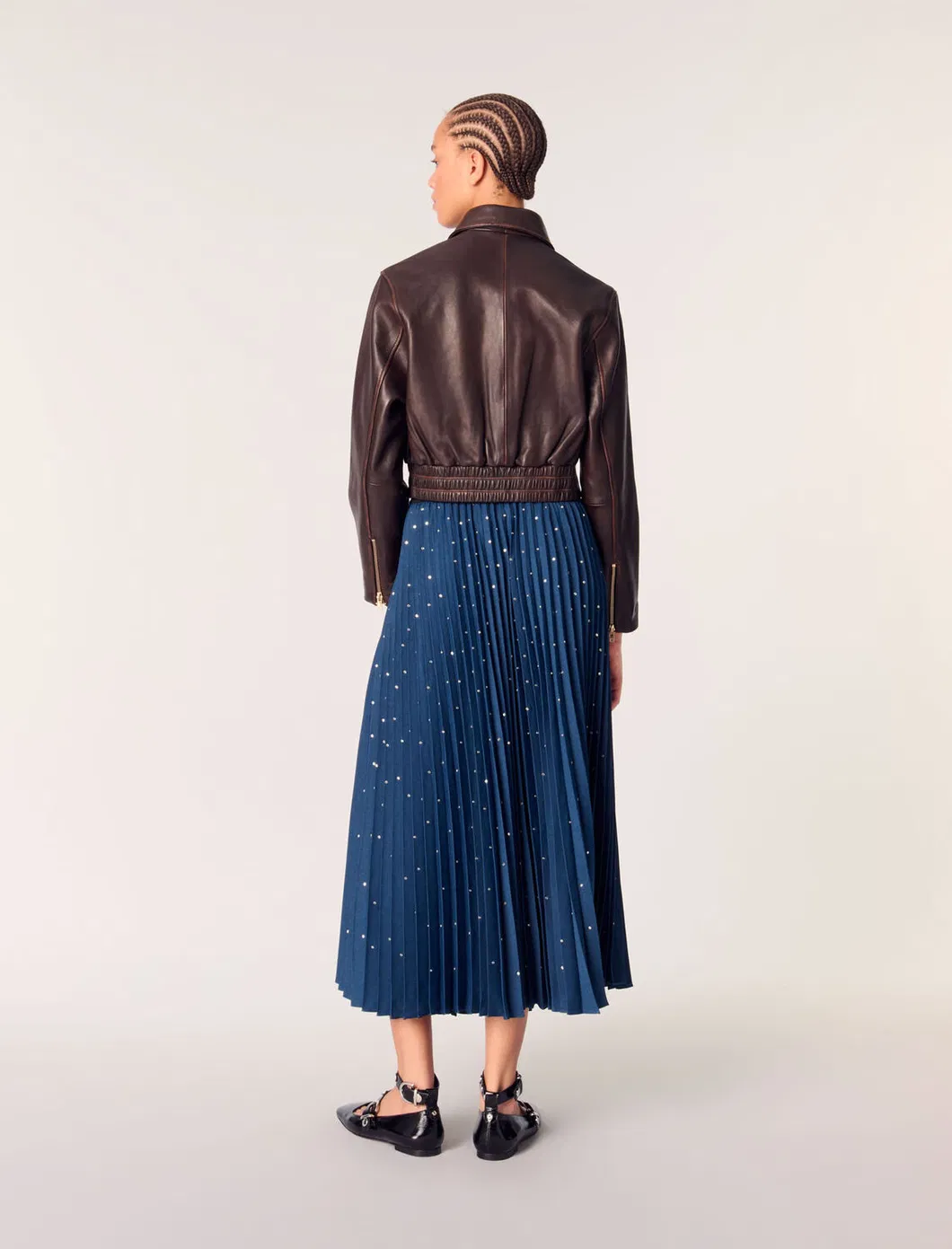 Dark Blue Dotted Pleated Summer Fashion High-Waist A-Line Wholesale Women Skirt