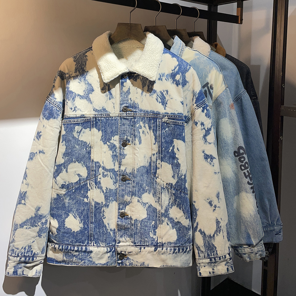 Mens Embroidered Streetwear Windproof Denim Jacket Winter Washed Turn Down Collar Custom OEM ODM Service