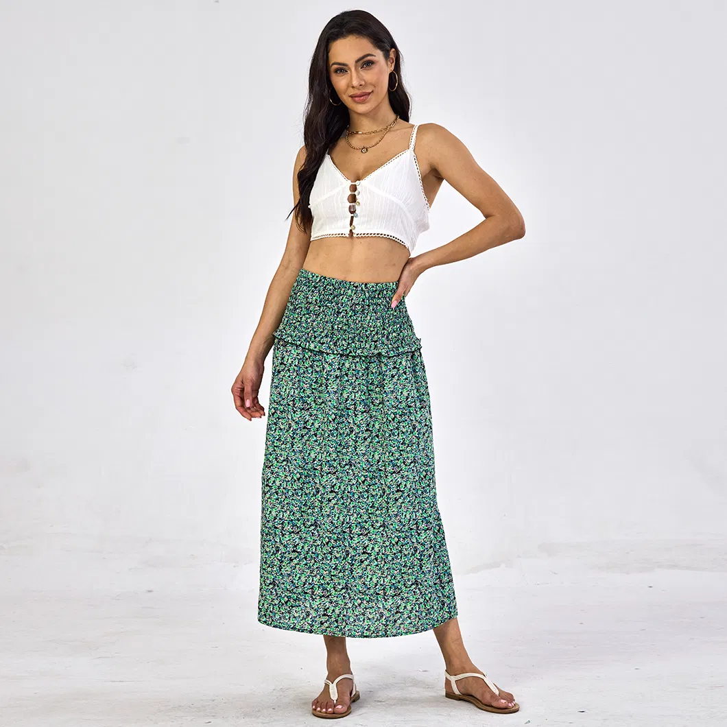 Wholesale European Style Pleated High Waist Casual Fashion Pattern Printing Women Long Skirt