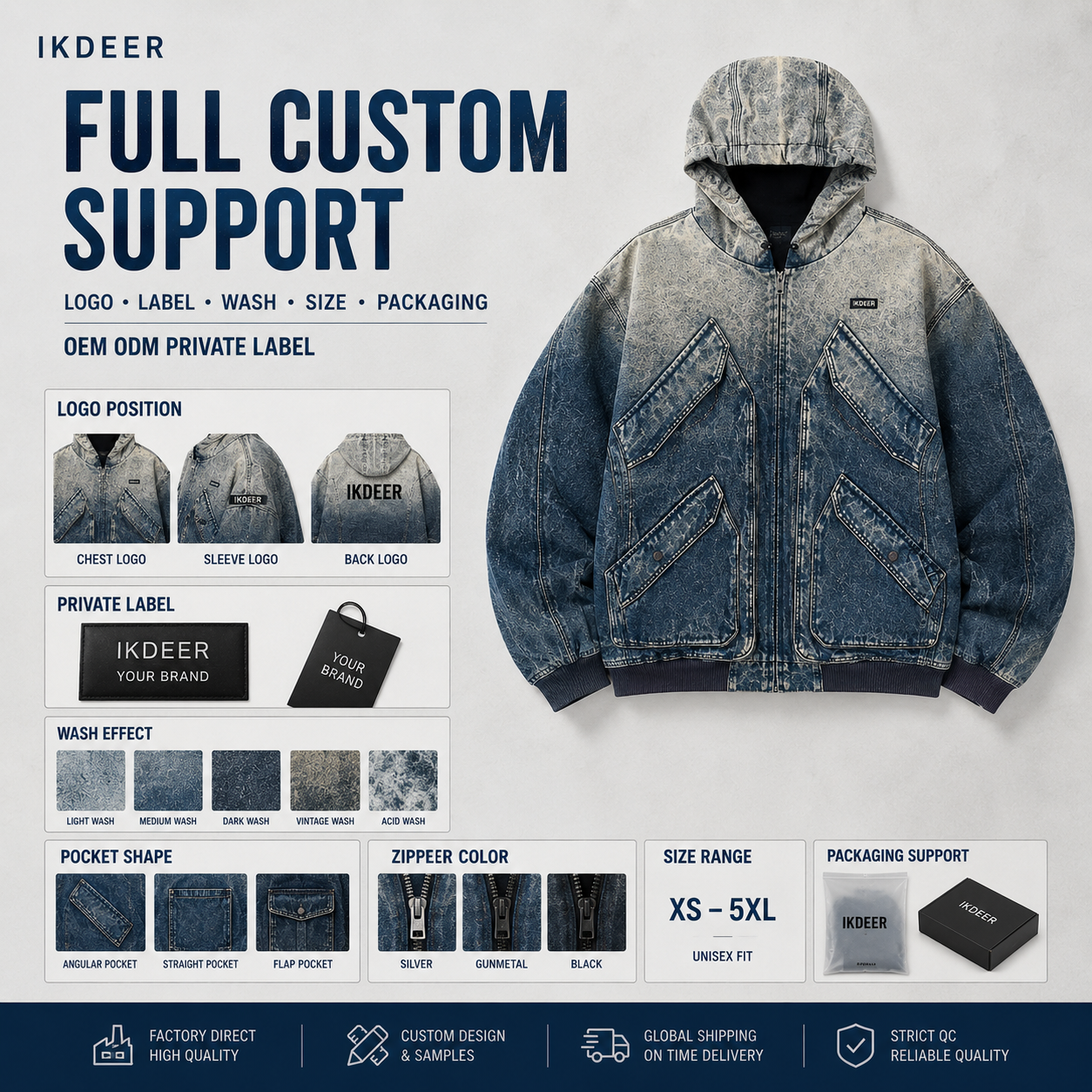 IKDEER Manufacturer Custom Winter Baggy Zip Up Vintage Distressed Acid Washed Heavyweight Cropped Jeans Denim Jacket For Men