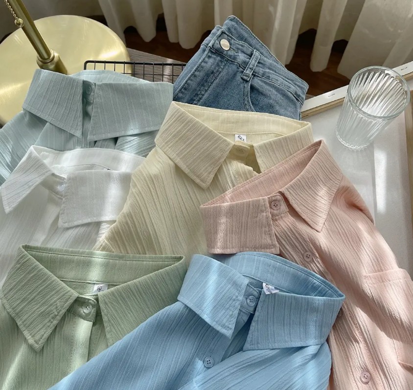 Women Summer Spring Autumn Solid Color Shirts Lapel Button New Fashion Simple Long Sleeve Raglan Sleeve Blouse Tops Regular