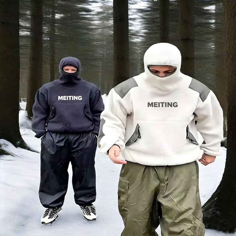 Custom Vintage Oversize Ninja Hoodie Fluffy Fleece 100% Cotton 550Gsm Winter Thick Warm Balaclava Hoodie Full Face Hoodie