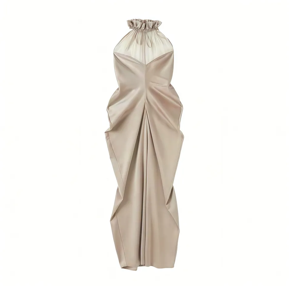 High-Quality Ladies' Sleeveless Silk Dress with Mesh Patchwork, Petal Collar Halter Neck, Slim Fit Elegant Silk MIDI Dress for Party & Evening