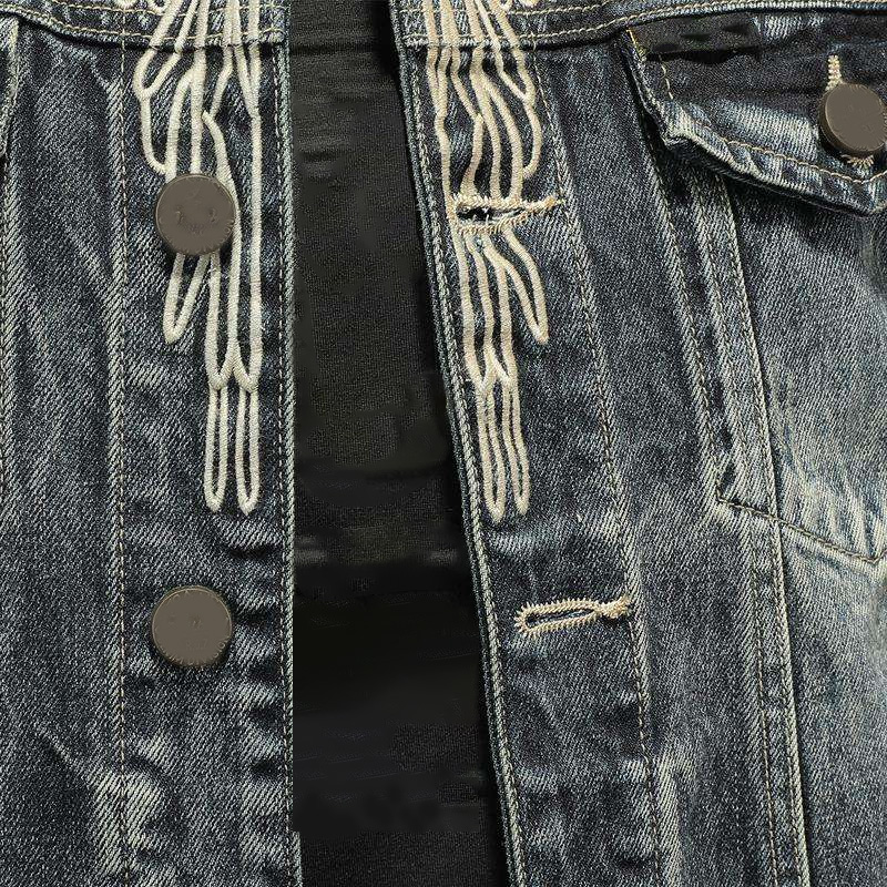 Men's Distressed Denim Jacket With Embroidery Wings Design Casual Button Fly Regular Fit Autumn Wear