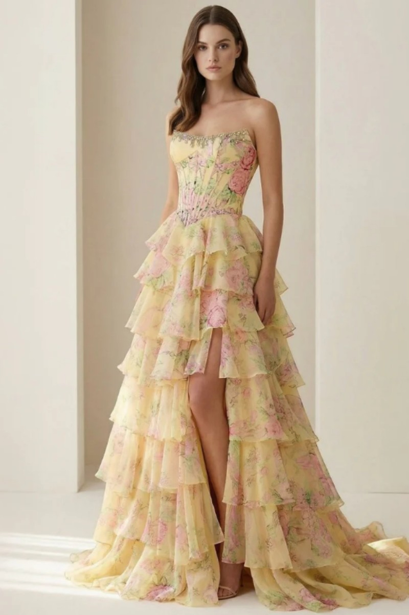 Yellow - Strapless A Line Floral Chiffon Ruffled Prom Dresses with Beading Evening Dress Prom Dress Sexy Dress Vestido De Noche Girl Dress Layered Dress