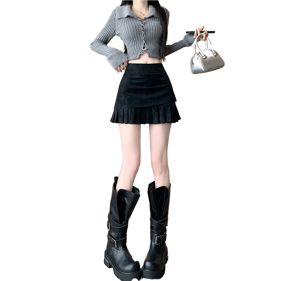 Spring Autumn Casual Retro High Waisted Deer Skin A Line Black Women's Short Skirt Mini Skirt Pleated Skirt