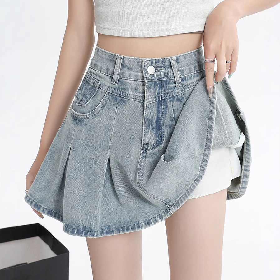 Low MOQ Women High-Waist Pleated Denim Skort Vintage Washed A-Line Mini Skirt with Built-in Shorts
