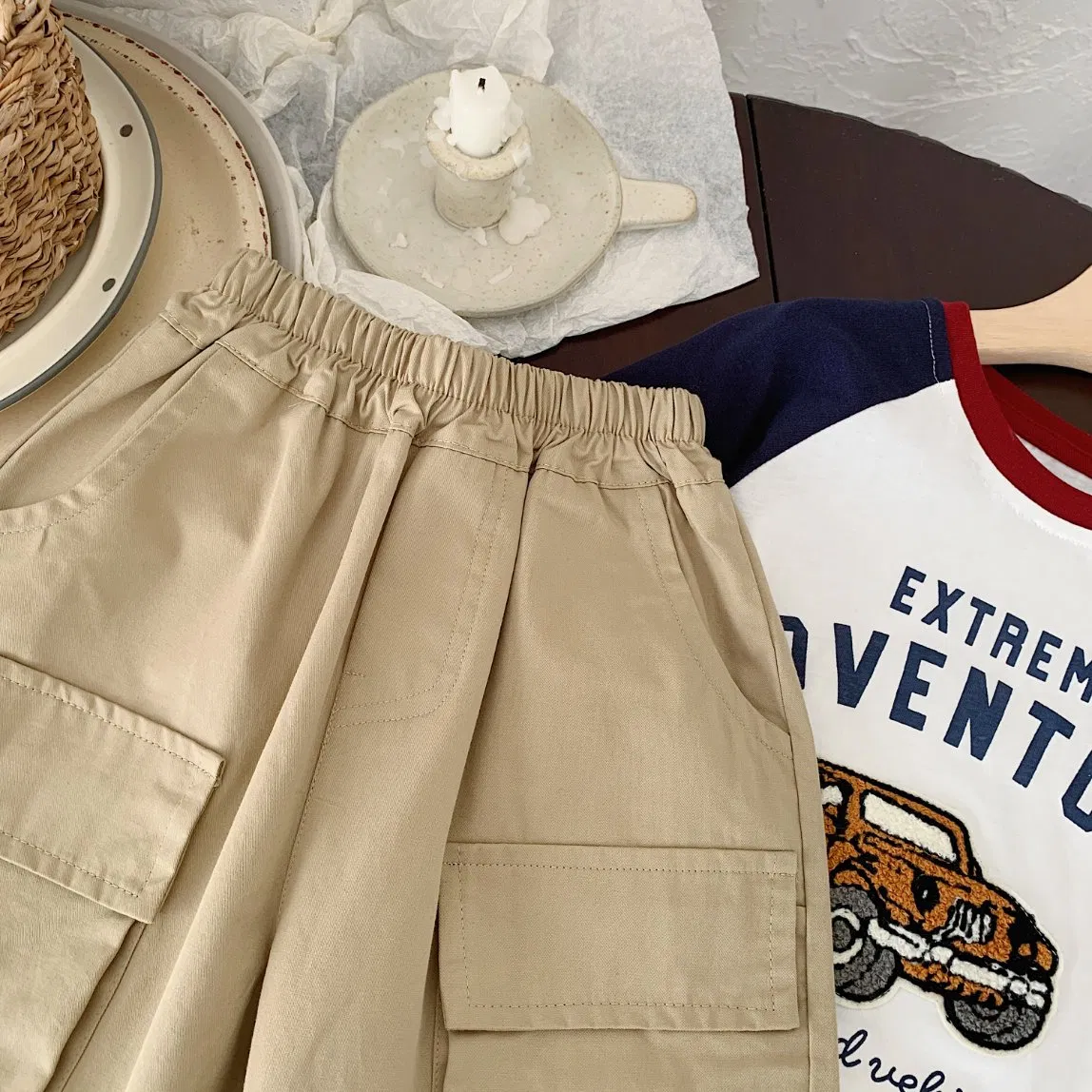 Kids Cotton Cargo Pants Elastic Waist Rolled Hem (Beige/Khaki)
