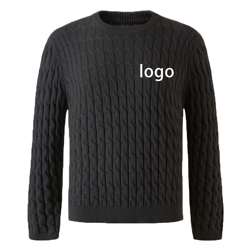 Wholesale Vintage 100% Cotton Jumper Cable Crew Neck Jumper Embroidery Logo Winter Custom Men's Sweater