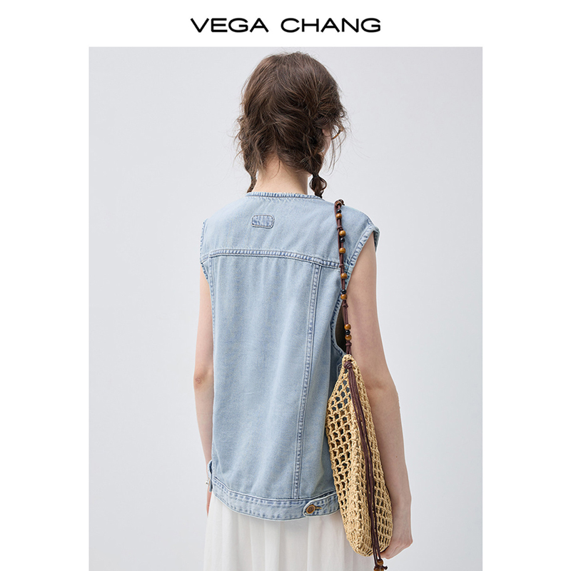 VEGA CHANG Light Blue Denim Vest Waistcoat For Women Button Down Pocket Detail Casual Sleeveless Jean Jacket