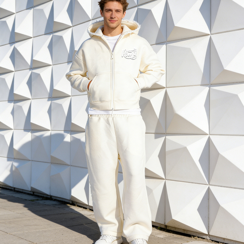Men's High Quality Custom Heavyweight 460GSM Cotton Fleece Tracksuit, Embroidered Zip Up Hoodie &amp; Sweatpants Set