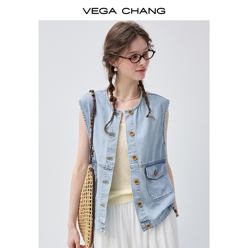 VEGA CHANG Light Blue Denim Vest Waistcoat For Women Button Down Pocket Detail Casual Sleeveless Jean Jacket
