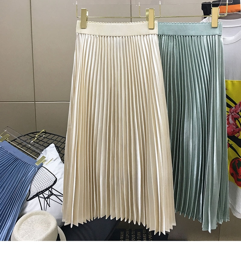2020 Women's Fashion Metal Silk Organ Pleated High-Waist MID-Length Skirt