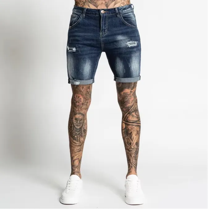 Custom Cotton Summer Skinny Damage Stretch Waistband Hole Straight-Leg Men Denim Shorts
