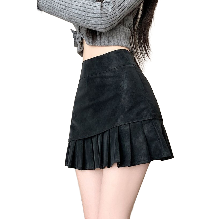 Spring Autumn Casual Retro High Waisted Deer Skin A Line Black Women's Short Skirt Mini Skirt Pleated Skirt