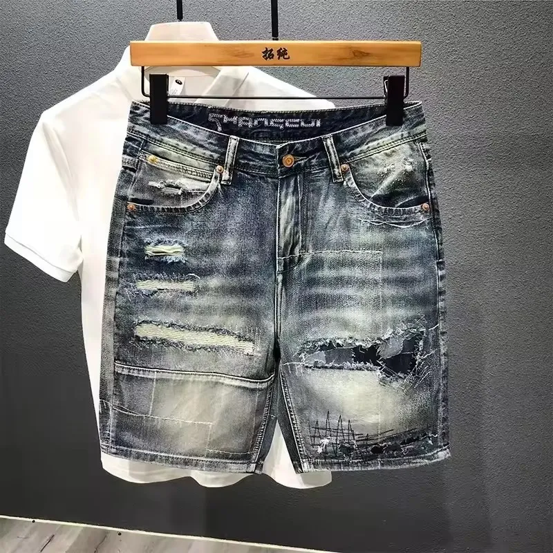 Colorful Denim Shorts with Distressed Style and Button Pockets