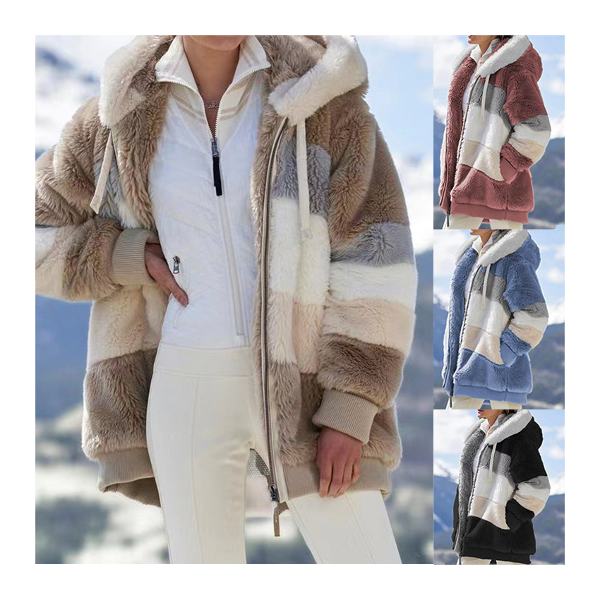 2026 Winter Clothes for Women Warm Plush Patchwork Zip Pocket Women's Coats Hooded Plus Size Women's Coats