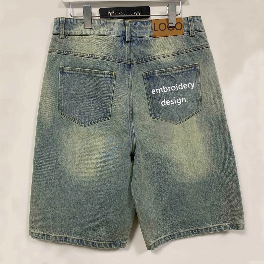 Blue Fade Star Denim Shorts Stitch Down Customized Embroidery Streetwear Wide Leg Baggy Denim Jorts Clothes