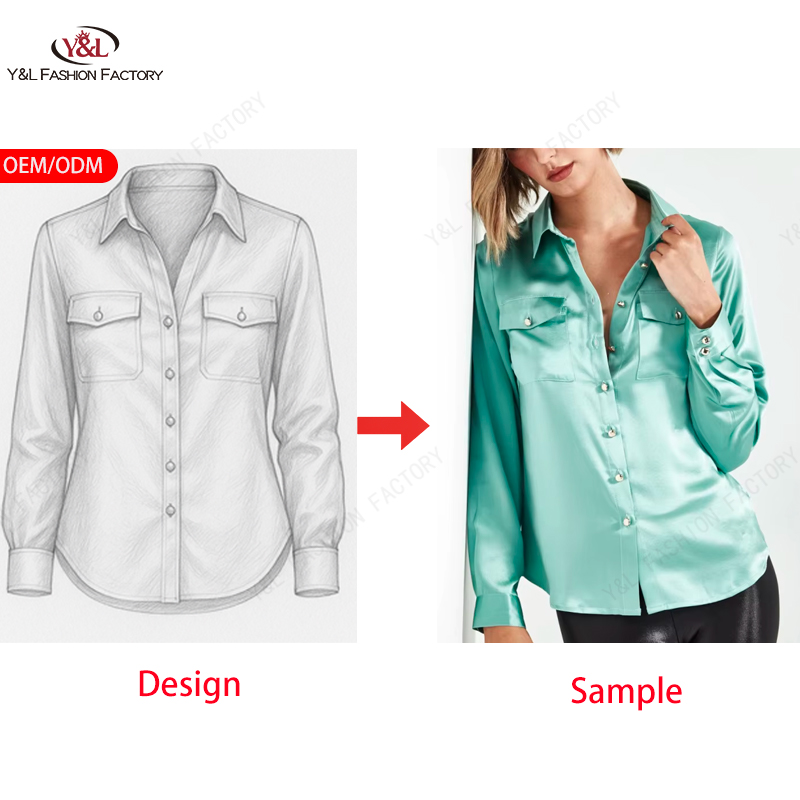 OEM ODM High Quality Solid Silk Woven Fabric Business Elegant Office Women's Shirt Anti-Wrinkle Breathable RUCHED SLEEVE Blouses