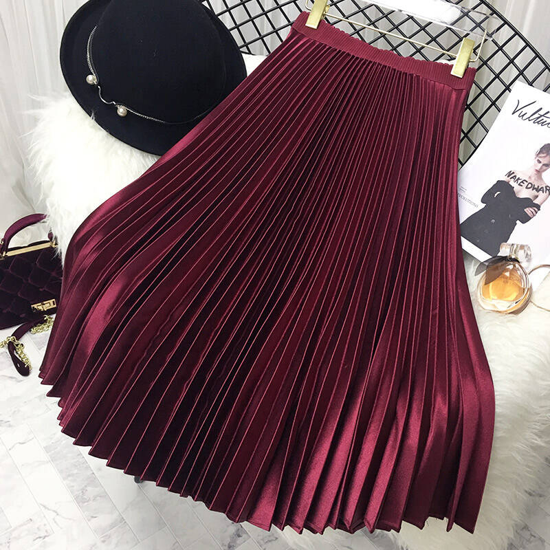 2020 Women's Fashion Metal Silk Organ Pleated High-Waist MID-Length Skirt