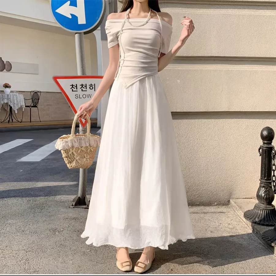 Casual Summer Print Embroidery Pleated Skirt A Line White Women's Half Length Skirt MIDI Skirt