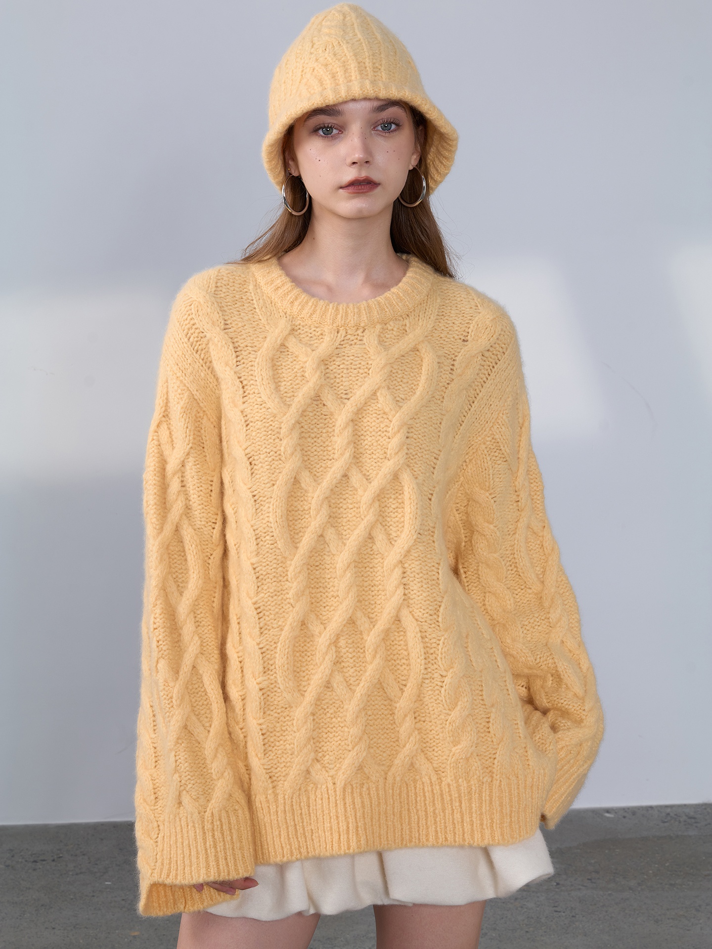 100% Pure Cashmere Cable Knit Sweater Women Oversized Crew Neck Pullover Heavyweight Warm Winter Soft Loose Knitwear Jumper Top