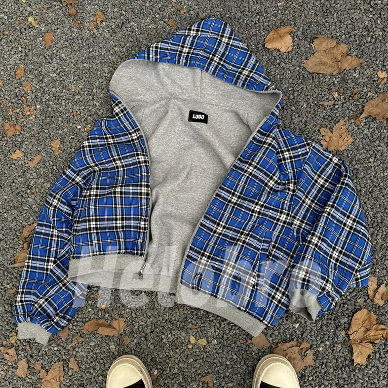 Custom Manufacturer Double Zipper Jacket Boxy Fit Drop Shoulder Striped Flannel Double Layer Plaid Reversible Hoodie for Men