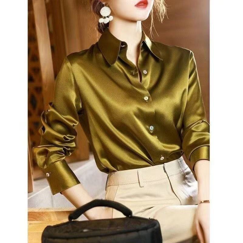 2025 New Arrival Ladies Button-down Shirt in Satin Full Sleeve Shiny Blouse