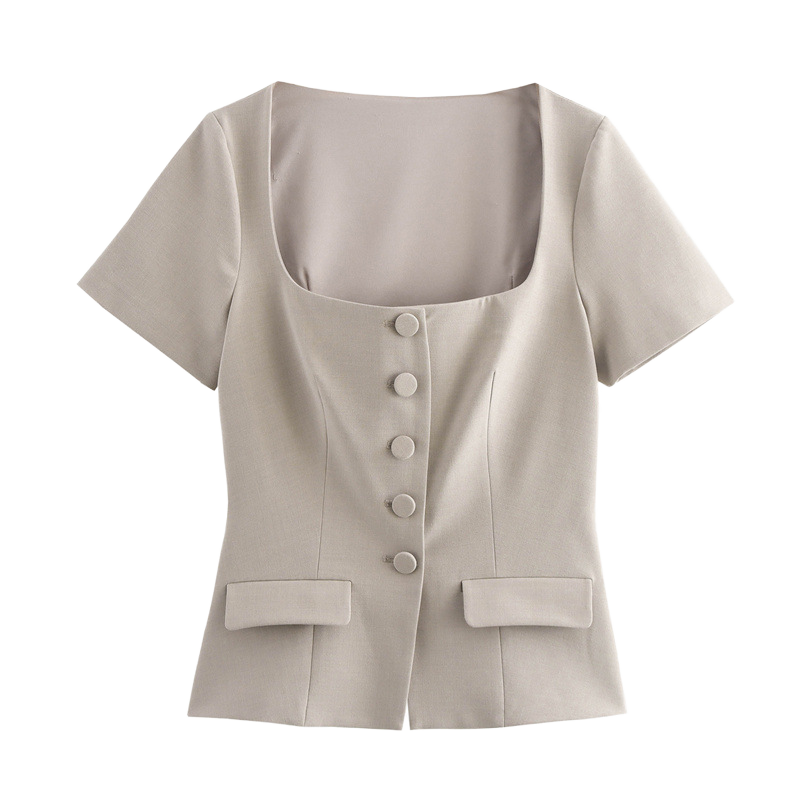 Women's Solid Square Collar Short Sleeve Blouse With Buttons Elegant Office Top Regular Fit All Seasons Woven Poplin Material