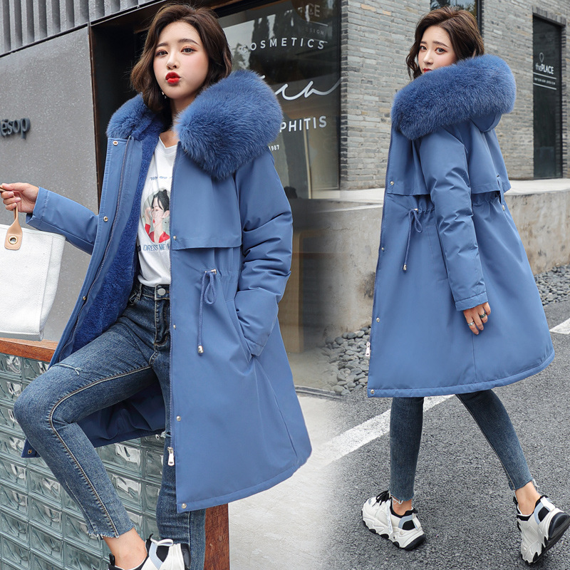 PASUXI 2025 Winter New Women's Cotton Clothes in the Long Hair Collar and Velvet Cotton Jacket Down Cotton Jacket Warm Jacket