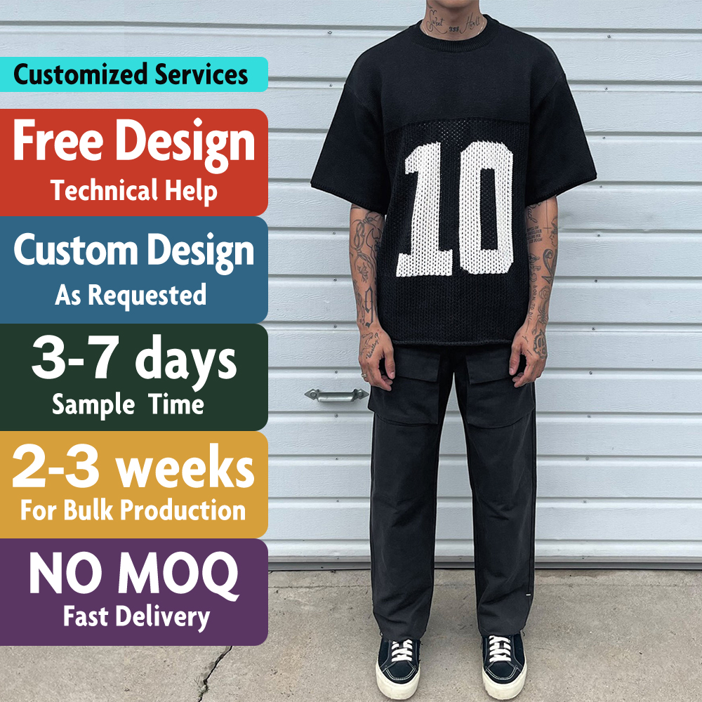 Custom LOGO Men Sweater Casual Crew Neck Knitted Top Short Sleeve Knitwear Pullover Football Jumper Mesh Knit Jersey Sweater Men