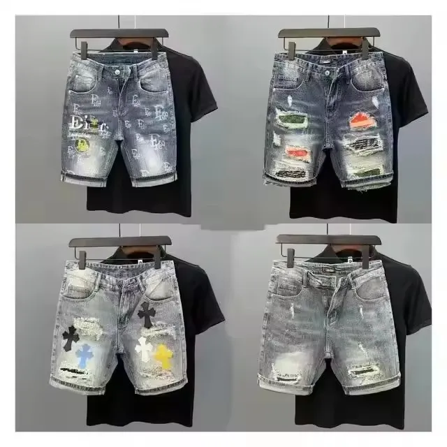 Colorful Denim Shorts with Distressed Style and Button Pockets