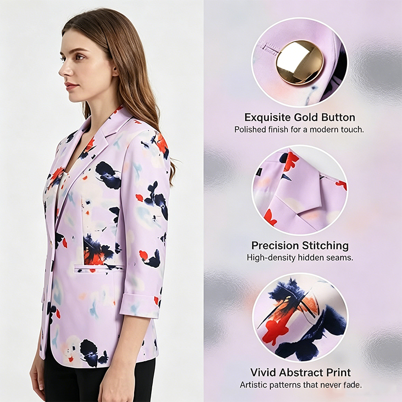 Women Light Purple Ink Print 3/4 Sleeve One Button Slim Fit Casual Blazer Suit Jacket