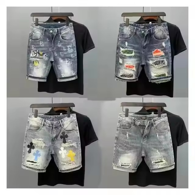 Colorful Denim Shorts with Distressed Style and Button Pockets